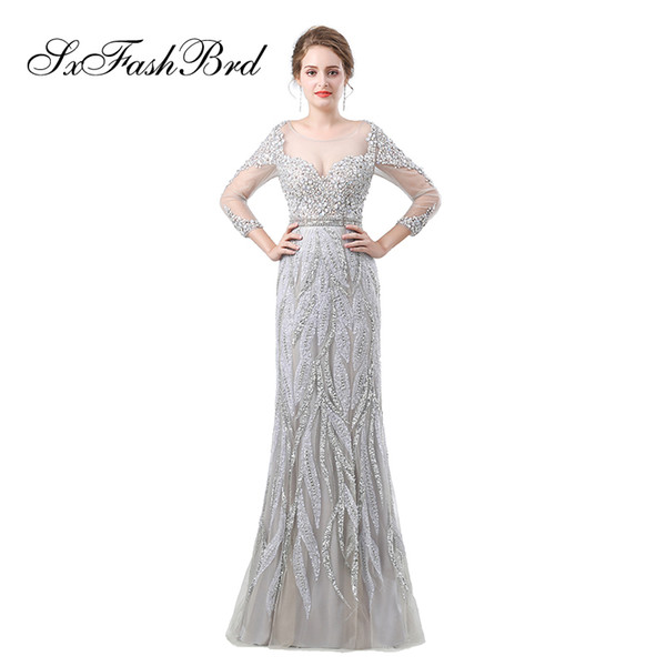 Fashion Elegant Girls Dress O Neck Long Sleeves Mermaid Accented Bling Beading Long Party Formal Evening Dresses for Women Prom Dress Gowns