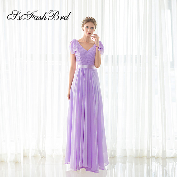 Fashion Elegant V Neck Short Sleeves A Line Purple Chiffon Long Party Formal Evening Dresses for Women Prom Dress Gowns