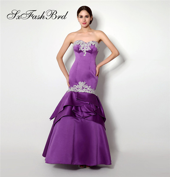 Fashion Elegant Sweetheart With Appliques Mermaid Purple Satin Long Party Formal Evening Dresses for Women Prom Dress Gowns