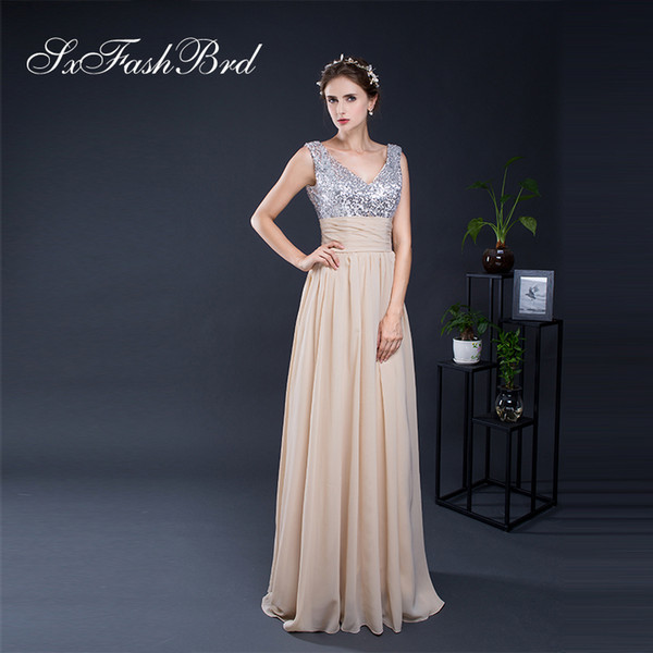 Fashion Elegant V Neck With Sequins Open Back A Line Chiffon Long Party Formal Evening Dresses for Women Prom Dress Gowns