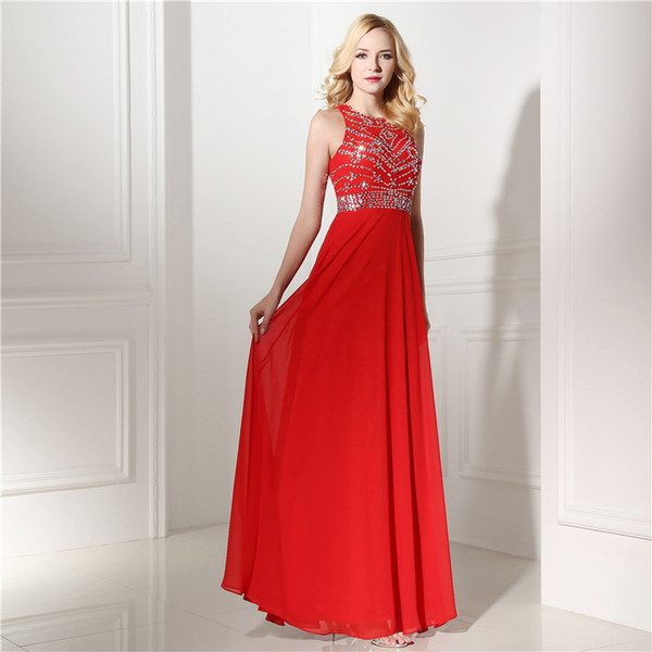 Fashion Elegant Beading O Neck A Line Red Chiffon Long Party Formal Women Evening Dresses Sexy Prom Dress Gowns