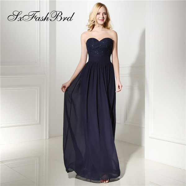 Fashion Elegant Sweetheart With Lace A Line Navy Blue Chiffon Long Party Formal Evening Dresses for Women Prom Dress Gowns