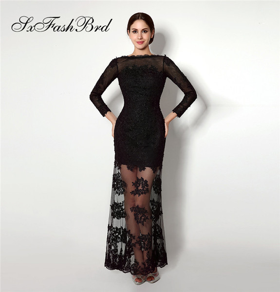 Fashion Elegant Boat Neck Long Sleeves Mermaid Black Lace Long Party Formal Evening Dresses for Women Prom Dress Gowns