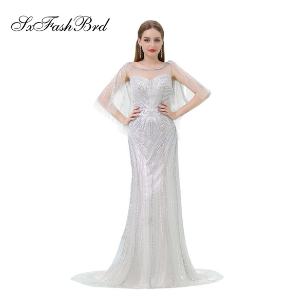 Elegant Girls Dress O Neck Open Back Mermaid Bling Beading Tulle Long Party Formal Evening Dresses Women Prom Dress Gowns