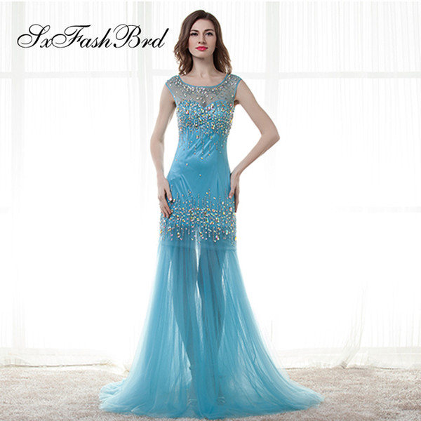 Dress Elegant O Neck Cap Sleeves Mermaid With Crystals Floor Length Long Tulle Party Formal Evening Dresses Women Prom Dress