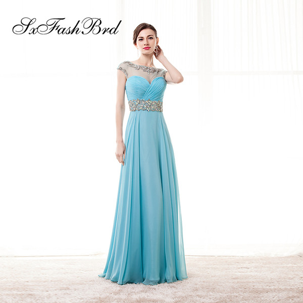 Elegant Dress O Neck With Crystals Short Sleeves Open Back A Line Long Chiffon Party Formal Evening Dresses Women Prom Dress Gowns