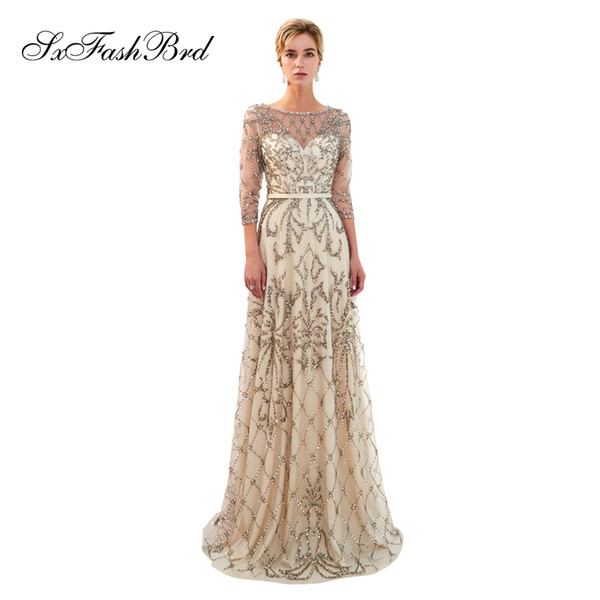 Fashion Elegant Beading O Neck 3/4 Sleeves A Line Heavy Beading Tulle Long Party Formal Evening Dresses Women Night Prom Dress Gowns