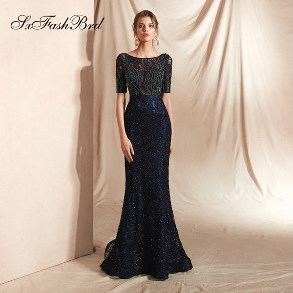 Elegant Dress O Neck Half Sleeves Beading Mermaid Long Party Formal Evening Dresses Special Occasion Women Prom Dress Gowns