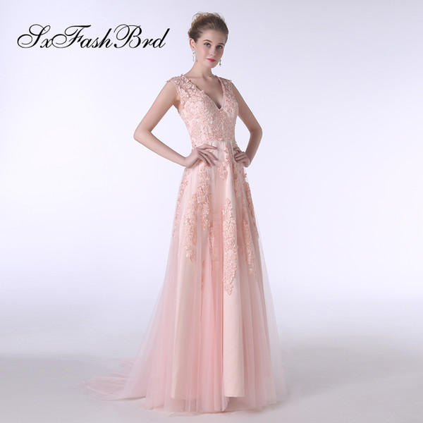 Elegant Dress V Neck With Appliques Tulle A Line Long Party Formal Evening Dresses Gowns Women Prom Dress