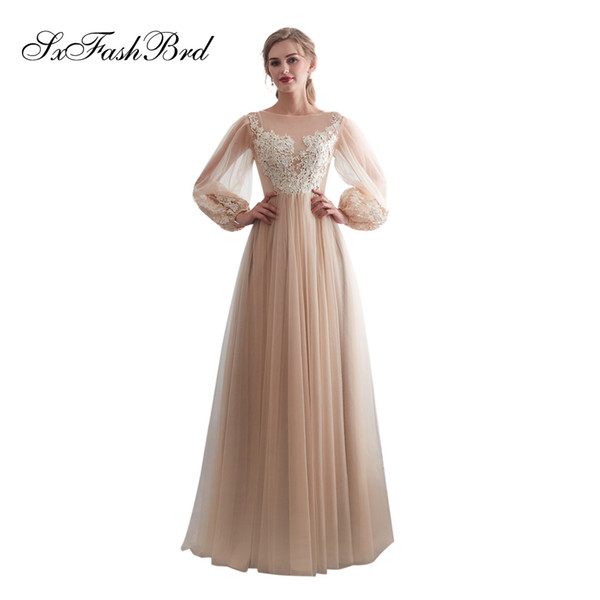 Elegant Dress Lace O Neck Long Sleeves A Line Tulle Long Party Formal Evening Dresses Women Prom Dress Gowns