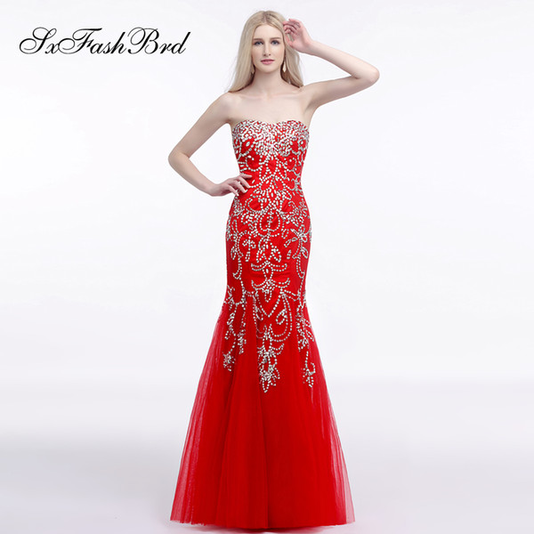 Elegant Dress Sweetheart Mermaid Accented Bling Crystals Tulle Long Party Formal Evening Dresses Gowns Women Prom Dress