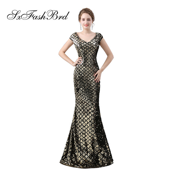 Fashion Elegant Dress V Neck Short Sleeves Mermaid Sequin Lace Long Party Formal Evening Dresses for Women Prom Dress Gowns