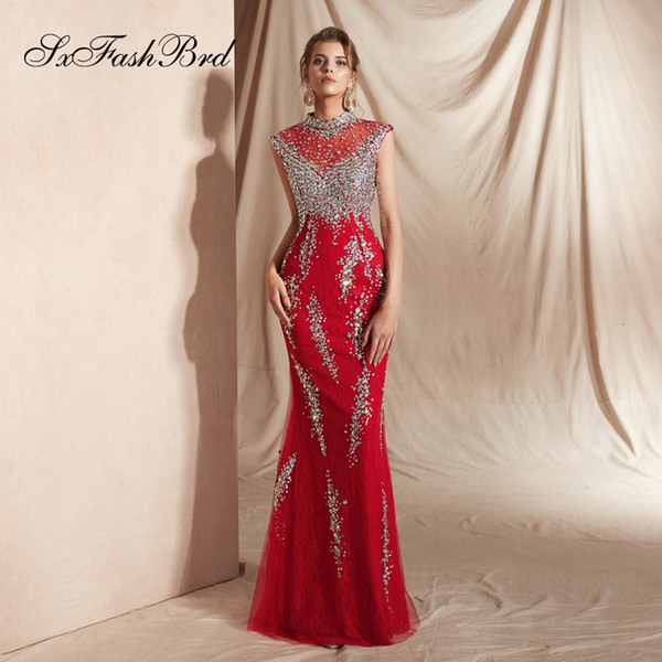 Elegant Dress High Neck Bling Crystals Mermaid Long Party Formal Evening Dresses Special Occasion Women Tulle Prom Dress Gowns