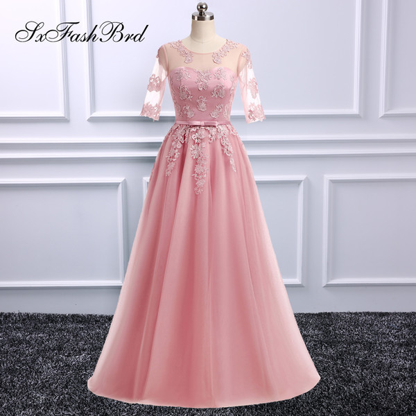 Girls Dress Elegant Sexy O Neck With Appliques Half Sleeves Open Back Tulle Long Party Formal Evening Dresses Gowns for Women Prom Dress