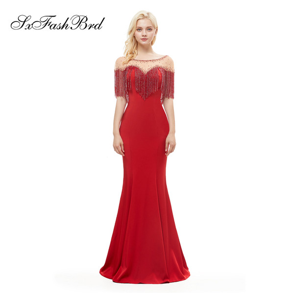 Special Occasion Elegant Beading O Neck Half Sleeves Mermaid Long Red Satin Party Formal Women Evening Dresses Fashion Prom Dress Gowns