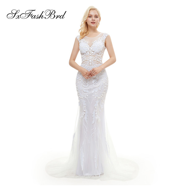 Simple Elegant O Neck Crystals Mermaid Long White Tulle Party Formal Women Evening Dresses Fashion Prom Dress Gowns