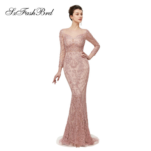 Special Occasion Elegant Dress O Neck Long Sleeves Mermaid With Beading Floor Length Long Party Formal Evening Dresses Women Prom Dress