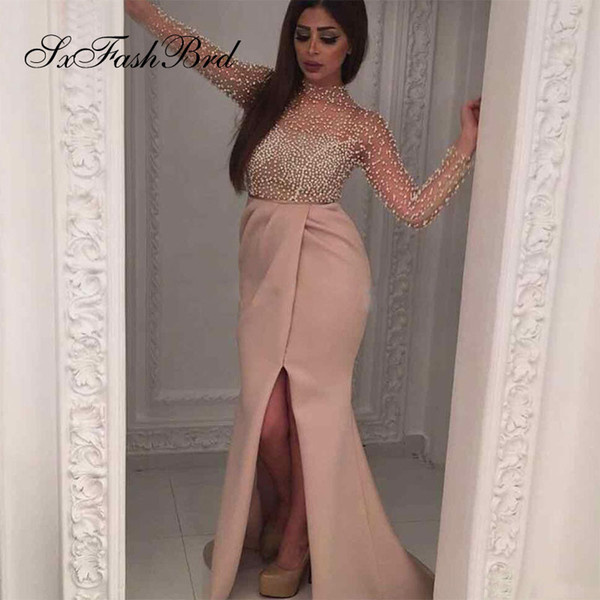 Fashion Simple Elegant Pearls O Neck Long Sleeves Mermaid Split Long Satin Party Formal Women Evening Dresses Prom Dress Gowns