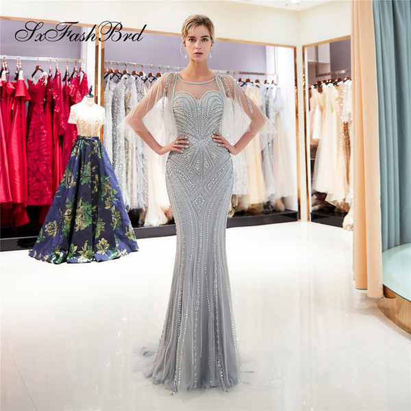 Fashion Occasion Elegant Beading Shawl O Neck Beading Mermaid Tulle Long Party Formal Evening Dresses Women Prom Dress Gowns