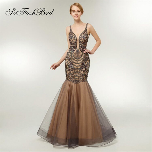 Elegant Dress V Neck Open Back Beading Mermaid Tulle Long Party Formal Evening Dresses Special Occasion Women Prom Dress Gowns