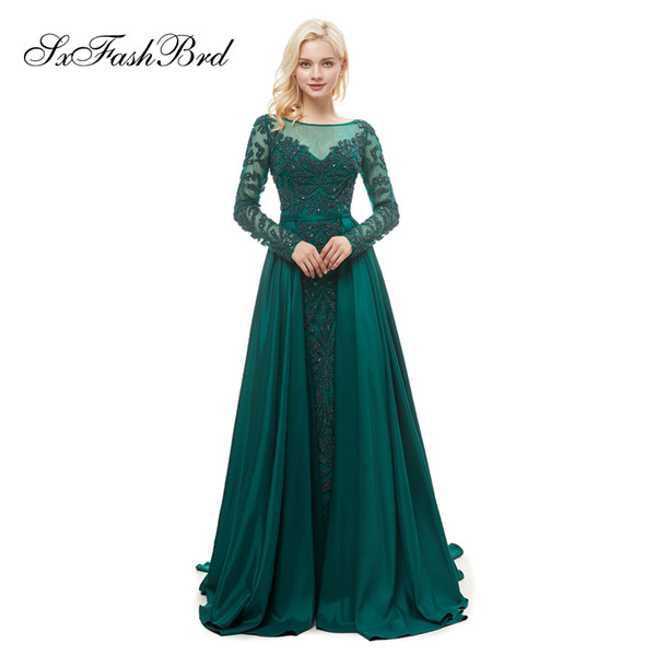 Special Occasion Elegant Beading O Neck Long Sleeves A Line Long Green Satin Party Formal Women Evening Dresses Fashion Prom Dress Gowns