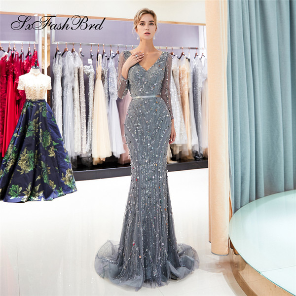 Fashion Occasion Elegant V Neck Long Sleeves Beading Mermaid Tulle Long Party Formal Evening Dresses Women Prom Dress Gowns