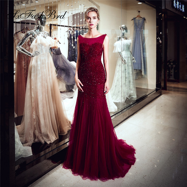 Fashion Occasion Elegant Dress O Neck Open Back Beading Mermaid Wine Red Tulle Long Party Formal Evening Dresses Women Prom Dress Gowns