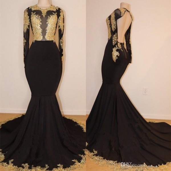 New Black Long Sleeves Mermaid Evening Gowns Keyhole African Satin Lace Sweep Train Black Girl Plus Size Prom Dresses Vestidos De Festa