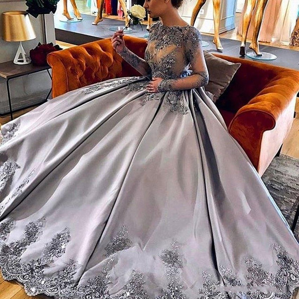 Amazing Silver Long Sleeves Evening Dresses Ball Gown Lace Appliques Prom Dress Custom Made Special Occasion Dress Formal Gown