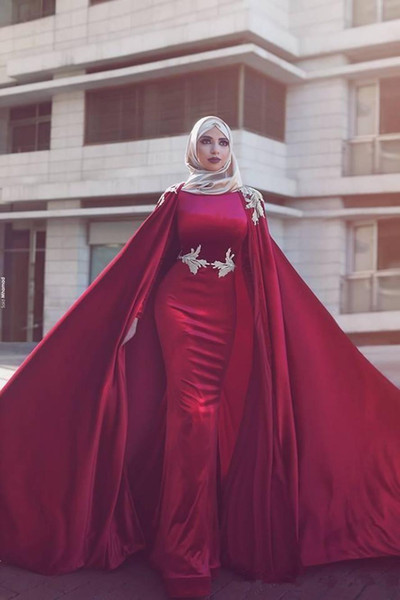 New Long Jewel Neck with Capes Formal Muslim Evening Dresses yousef aljasm Dark Red Dubai Arabic Mermaid Event Prom Dresses