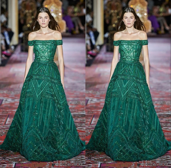 Runway Fashion Off Shoulder Evening Dresses Bateau Hunter Green Appliques Sequins Prom Party Gown Vestido BC2866