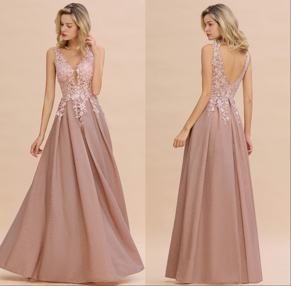 In Stock Dusty Pink A Line Evening Dresses Reflective Fabric V Neck Backless High Quality Prom Party Dresses Lace Appliques CPS1343