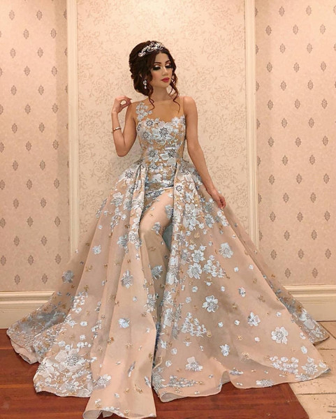 Gorgeous Arabic Mermaid Evening Dresses with Detachable Train Sleeveless Floral Appliques Long Prom Party Dresses BC1437