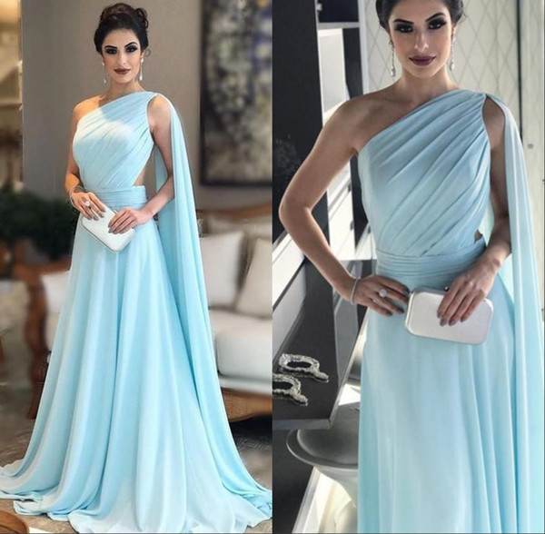 Arabic Dubai Sky Blue One Shoulder Evening Dresses with Cape Elegant Formal Occasion Dresses Cutaway Sides Prom Party Gowns