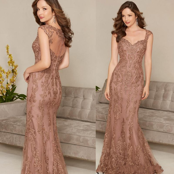 Full Lace Appliqued Evening Dresses Elegant Sheath Women Formal Gown Covered Button Illusion Back Long Prom Dresses