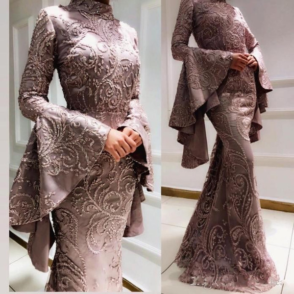 Arabic Modest Long Sleeve Evening Dresses High Neck Poet Sleeve Lace Appliques Sheath Women Formal Dresses Prom Party Gown