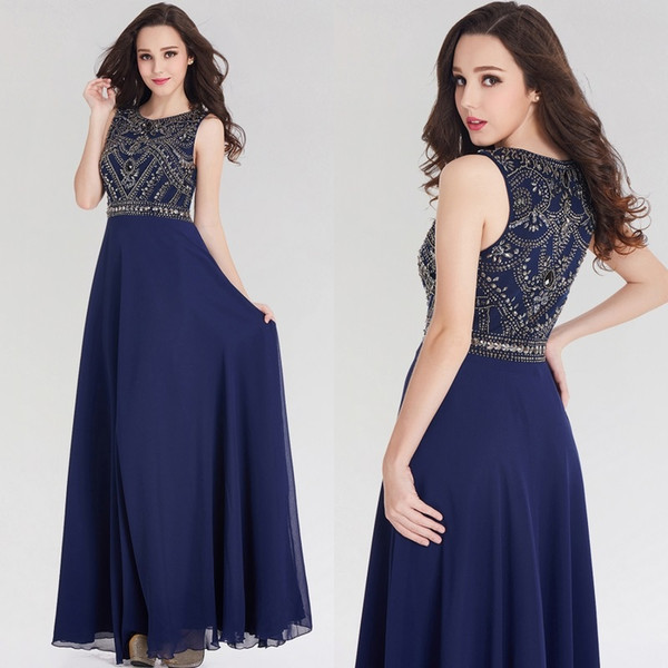 Navy Blue Crystals Beaded Prom Dresses 7 Colors In Stock Evening Dresses Bridesmaid Long Party Gown CPS417