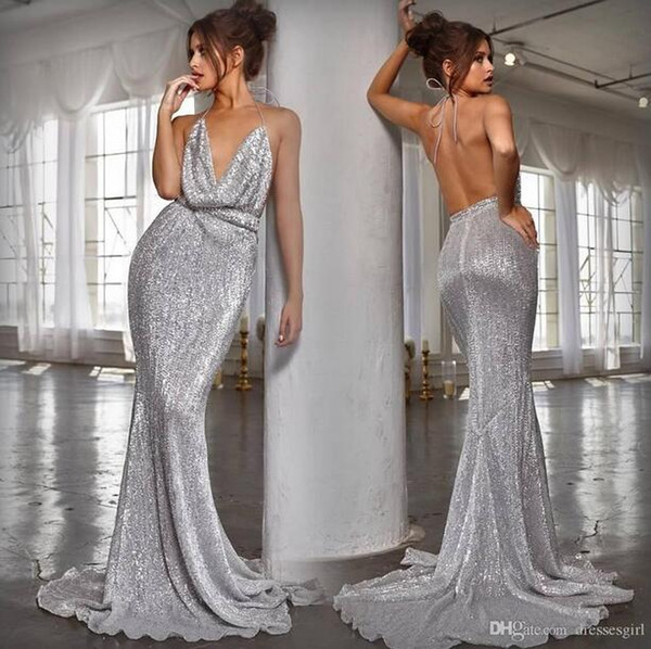 Sexy Open Back Silver Mermaid Evening Dresses Blingbling Sequined Prom Gowns Halter Floor Length Red Carpet Dresses