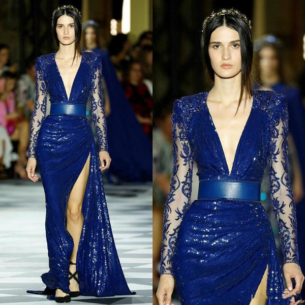 Zuhair Murad Long Sleeve Evening Dresses Blue Sequined Mermaid Illusion Long Sleeve Thigh High Slit lace Prom Dress robes de soirée