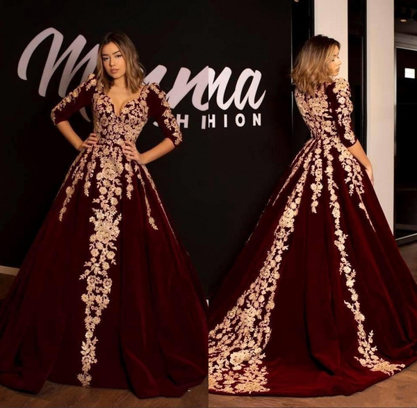 Burgundy 3/4 Sleeve A Line Evening Dresses V Neck Lace Appliques Princess Prom Party Dresses Vestido BC2620