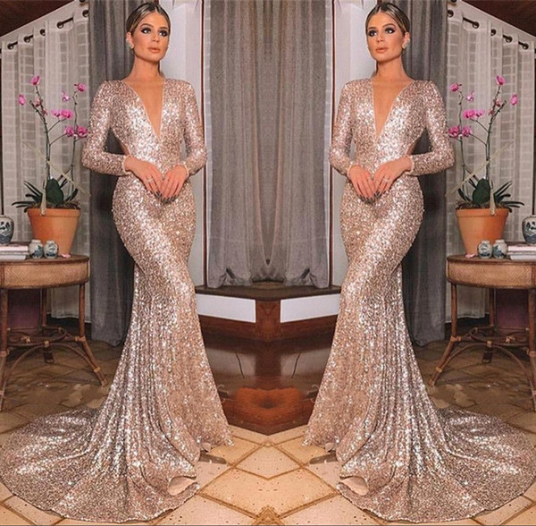 Glitz Champange Sequined Long Sleeve Mermaid Evening Dresses Elegant V Neck Prom Party Gown Long Party Dress vestido de fiesta BC2611