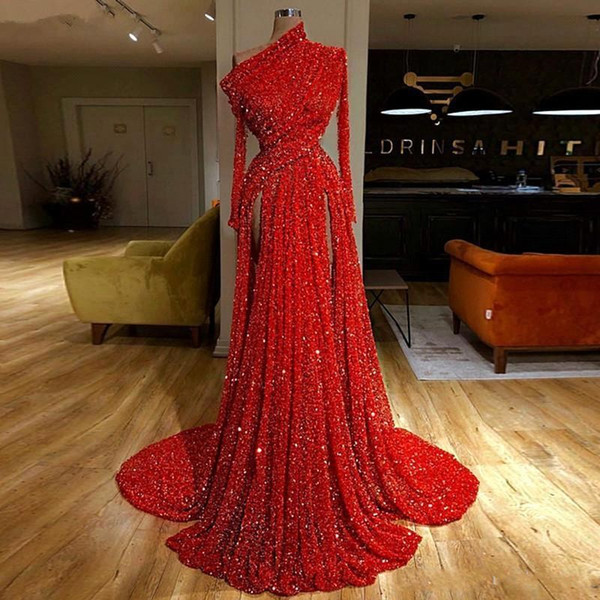 One Shoulder Red Sequined Formal Evening Dresses Long Sleeve Side Splits Ruched Prom Party Gown Vestido de Fiesta BC2569