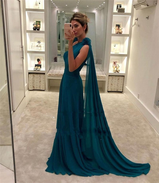 Modest Dark Green One Shoulder Mermaid Evening Dresses Long Chiffon Prom Party Dresses Formal Gown Vestido