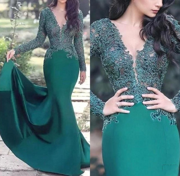 Dark Green Long Sleeve Lace Evening Dresses V Neck Mermaid Prom Party Gown Long Vestido de Fiesta Women Formal Gown