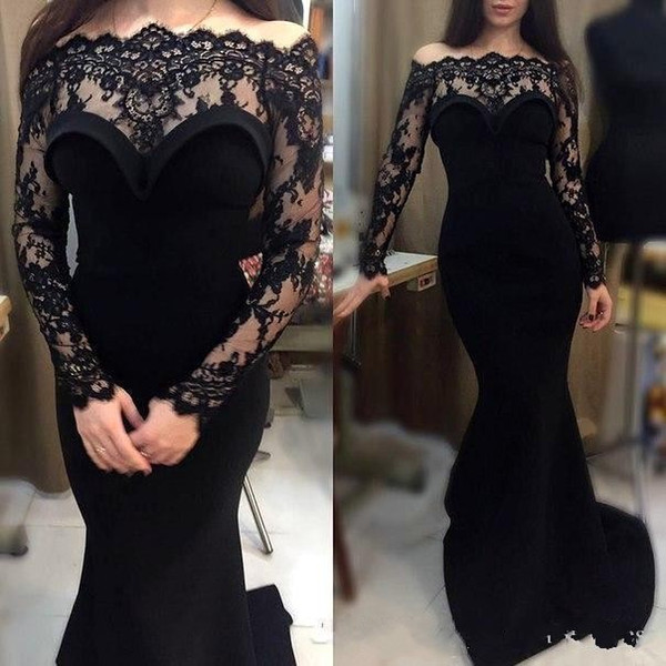 Bateau Elegant Long Sleeve Black Evening Dresses Lace Appliqued Mermaid Formal Gown vestido de fiesta