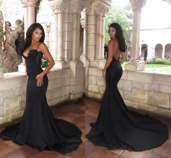 New Arrival Spaghetti Strap Black Evening Dresses Runny Way Lace Satin Mermaid Prom Dresses Party Gowns