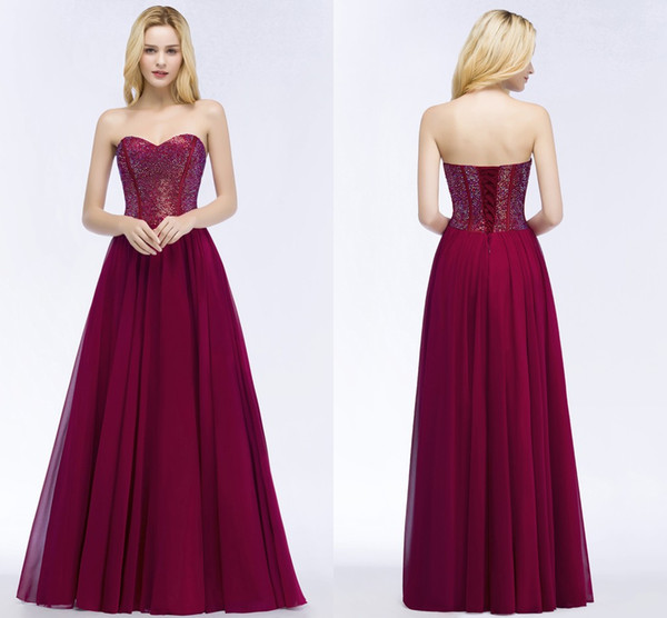 Cheap Sweetheart Burgundy Prom Dresses Chiffon Beaded Sleeveless Floor-Length Party Evening Dresses Custom Made CPS883