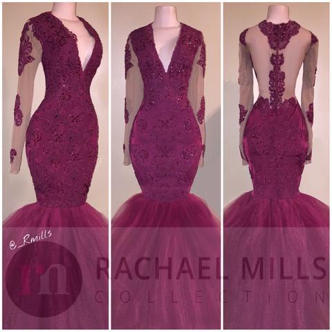 Elegant Burgundy Tulle Lace Prom dresses V Neck Memriad Formal Party Evening Gowns Pageant Celebrity With Long Sleeves