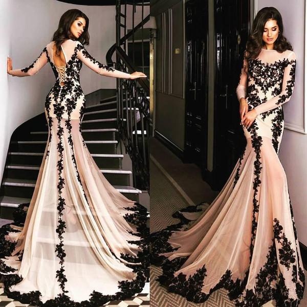 Morden Spring New Arrival Mermaid Evening Dresses Long Sleeve Jewel Neck Lace-Up Back Black Appliques Illusion Formal Prom Gowns Long