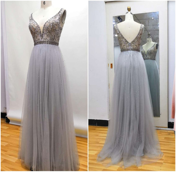 Real Photo Deep V Neck A Line Beads Evening Dresses V Cut Back Floor Length Gray Prom Party Dresses robe de soiree